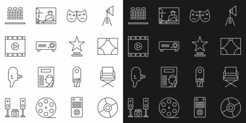 Set line CD or DVD disk, Director movie chair, Curtain, Comedy and tragedy masks, Movie, film, media projector, Play Video, Cinema auditorium with seats and trophy icon. Vector