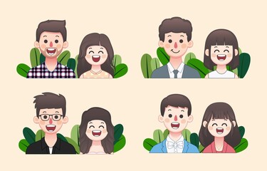 Set of Couple Illustration. Boyfriend and girlfriend look Happy and Cute Avatar front view