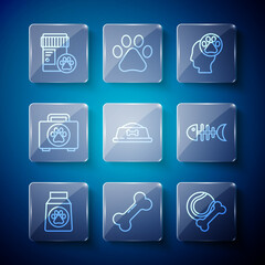 Set line Bag of food, Dog bone, Pet toys rubber and ball, Human with animals footprint, bowl, first aid kit, medicine bottle and Fish skeleton icon. Vector