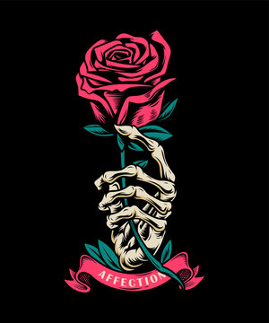 skeleton hand holding roses illustration