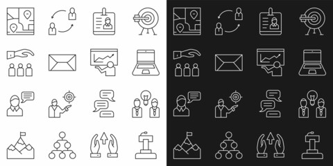 Set line Stage stand or tribune, People with lamp bulb, Laptop, Identification badge, Envelope, Boss employee, Folded map location and Training, presentation icon. Vector