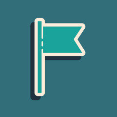 Green Flag icon isolated on green background. Location marker symbol. Long shadow style. Vector