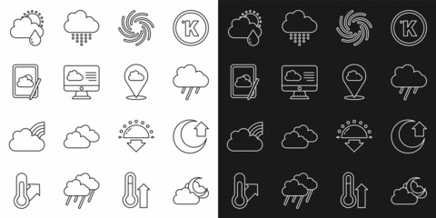 Set line Cloud with moon, Moon, rain, Tornado, Weather forecast, and sun and Location cloud icon. Vector