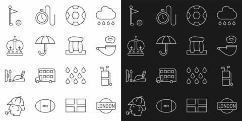 Set line London sign, Golf bag with clubs, Smoking pipe, Football ball, Umbrella, British crown, flag and Stonehenge icon. Vector