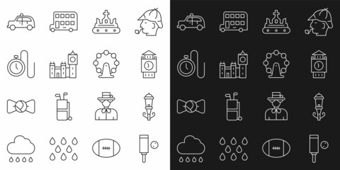 Set line Wood cricket bat and ball, Vintage street light, Big Ben tower, British crown, Watch with chain, Taxi car and London eye icon. Vector