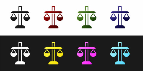 Obraz premium Set Scales of justice icon isolated on black and white background. Court of law symbol. Balance scale sign. Vector