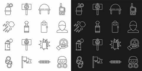 Set line Gas mask, Peace, Vandal, Military helmet, Hand grenade, Flying stone, and Police assault shield icon. Vector