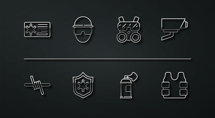 Set line Police badge, Barbed wire, Security camera, Paint spray can, Special forces soldier, Bulletproof vest and Gas mask icon. Vector