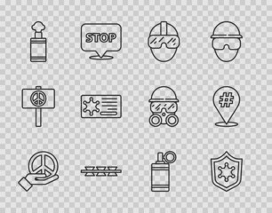 Set line Peace, Police badge, Special forces soldier, Barbed wire, Hand grenade, and Protest icon. Vector