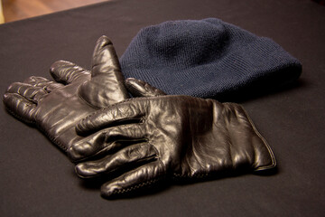 Winter black leather gloves with fur. Wardrobe
