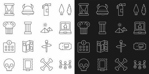 Set line Rope barrier, Museum ticket, Online museum, Fire extinguisher, Ancient column, Old hourglass with sand and Egypt pyramids icon. Vector