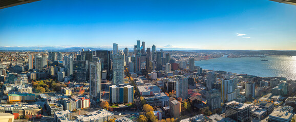 View from the Space Needle of the cityscape of Tacoma Downtown in Washington, United States