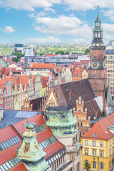 Fototapeta premium Wroclaw, Poland - largest city of Silesia, Wroclaw displays a colorful Old Town that becomes even more amazing if seen from the top of St Mary Magdalene Church