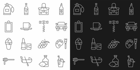 Set line Bottle of wine in bucket, Paint brush with palette, Car, Handbag, Coffee cup, Picture, Perfume and Wine corkscrew icon. Vector