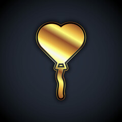 Gold Balloons in form of heart with ribbon icon isolated on black background. Valentines day. Vector