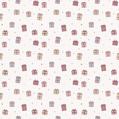 Christmas wrapping paper with Xmas gifts and stars. Seamless pattern. Vector