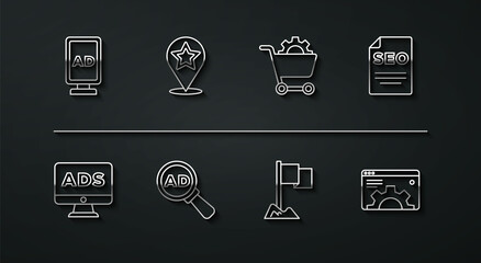 Set line Advertising, SEO optimization, Location marker, Map pointer with star, Browser setting and Shopping cart icon. Vector