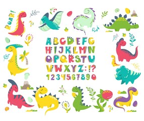 Fototapeta premium Vector set for printing on baby clothes. Dinosaurs, letters, numbers, volcano, carnivorous plants, flowers, twigs, alphabet stylized as dinosaurs. Bright letters and monsters.