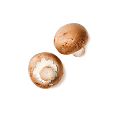 Two fresh whole  champignon mushrooms isolated on white background. Top view