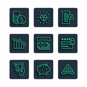 Set line Credit card inserted, Piggy bank, Gold bars, Inserting coin, ATM and money, Financial growth decrease, Coin with dollar and lock icon. Vector