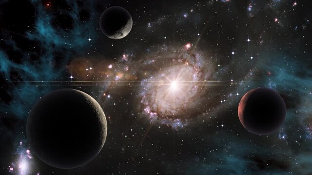 Space background slowly moving through universe among planets galaxies stars and nebulae
