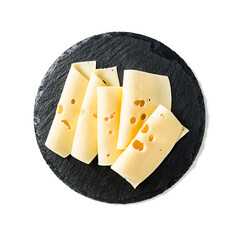 Cheese slices isolated on white background. Edam cheese. Top view