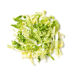 Heap of Chopped Chinese Cabbage. Isolated on White Background. Fresh Green Sliced Cabbage Salad .Top View