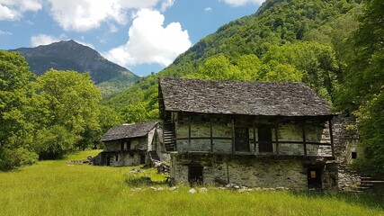 Typical Ticino stone houses in Verzasca valley, Switzerland.