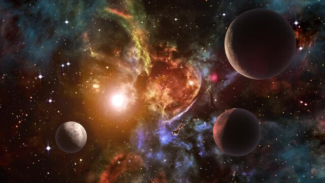 Space background slowly moving through universe among planets galaxies stars and nebulae