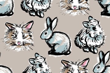 Seamless pattern. White rabbits on a beige background. Illustration in the style of a casual vintage sketch by hand. Vector.