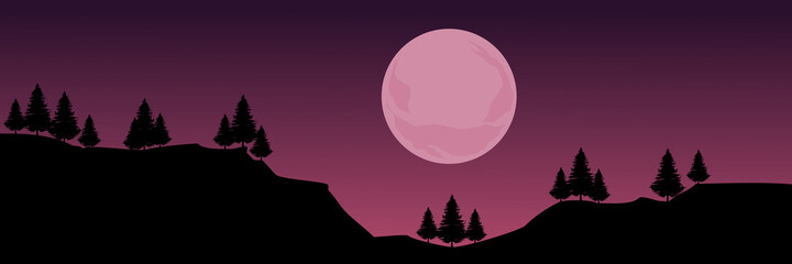 silhouette of pine tree forest with moon in the sky flat design vector illustration good for wallpaper, background, web banner, backdrop, design template and tourism design