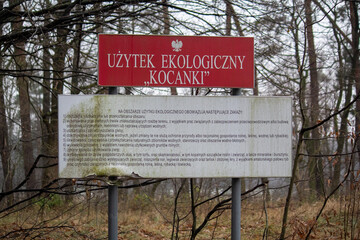  sign with information about rules and forest name in Polish. Forest Kocanki near Srem in Poland  - obrazy, fototapety, plakaty