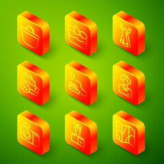 Set line Beach bag, Shark fin in ocean wave, Towel on hanger, Cruise ship, Ship line path, Tourist, Photo camera and Captain of icon. Vector