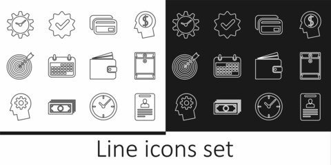 Set line Identification badge, Envelope, Credit card, Calendar, Target with arrow, Time Management, Wallet and Approved and check mark icon. Vector