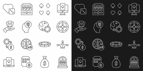 Set line Slot machine with jackpot, Joker playing card, Casino roulette wheel, Deck of cards, slot clover, Hand holding, Game dice and chips icon. Vector