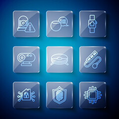 Set line Smart home, Fingerprint, Processor with CPU, smart watch, Robot vacuum cleaner, Web camera, Ringing alarm bell and Electric extension cord icon. Vector