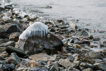 winter sea shore in city