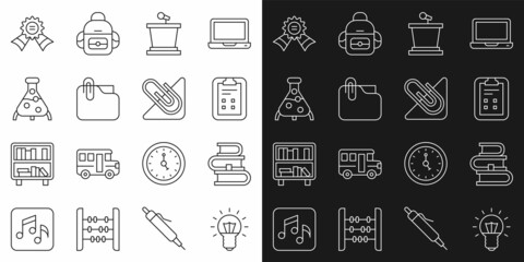 Set line Light bulb, Book, Exam sheet with check mark, Stage stand, Document folder clip, Test tube flask, Medal and Paper icon. Vector