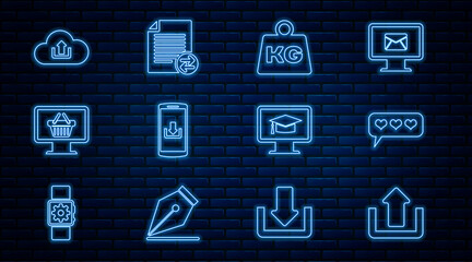 Naklejka premium Set line Upload, Like and heart, Weight, Smartphone with download, Monitor shopping basket, Cloud upload, graduation cap and Transfer files icon. Vector