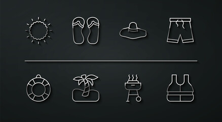 Set line Sun, Lifebuoy, Swimming trunks, Barbecue grill, Tropical palm tree, Flip flops, jacket and Elegant women hat icon. Vector