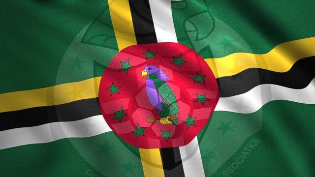 Flag of Dominica with crossed lines and a parrot bird inside a red circle with green stars. Motion. Colorful national waving abstract flag, seamless loop.