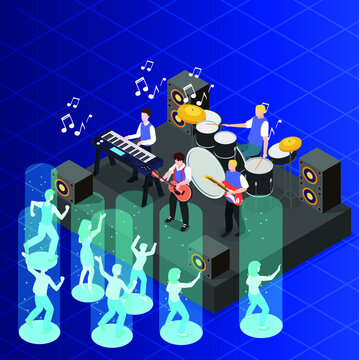 Metaverse concept: watching musical concert in virtual world isometric 3d vector concept for banner, website, illustration, landing page, flyer, etc.