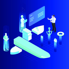 Metaverse engineering designing ship or boat in virtual world isometric 3d vector concept for banner, website, illustration, landing page, flyer, etc.