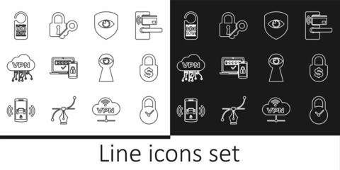 Set line Padlock with clock, Money, Shield and eye, Two steps authentication, Cloud VPN interface, Please do not disturb, Keyhole and Lock key icon. Vector