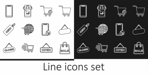 Set line Shopping bag with Sale, Signboard hanging, Add to cart, globe, Price tag New, Smartphone, mobile phone, Mobile and shopping and icon. Vector