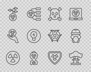Set line Radioactive, Nuclear explosion, Bones and skull warning, bomb, Light bulb with concept of idea, shield and reactor worker icon. Vector