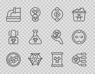 Set line Molecule, Radioactive, Atom, Biohazard symbol, Wastewater, Test tube radiation, waste in barrel and Electrical outlet icon. Vector