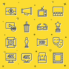 Set line Play video, Comedy and tragedy masks, Movie trophy, Retro tv, Paper glass with water, Hd movie, tape, frame, Old film countdown and 3D cinema glasses icon. Vector