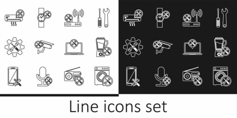 Set line Washer service, Blender, Router wi-fi, Security camera, Wrench and screwdriver in gear, Air conditioner, Laptop and Wrist watch icon. Vector