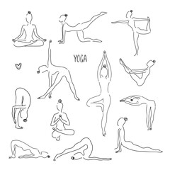Yoga poses linear icons set. Sarvangasana halasana bakasana uttanasana siddhasana vrikshasana trikonasana virabhadrasana. Thin line contour symbols. Isolated vector illustrations